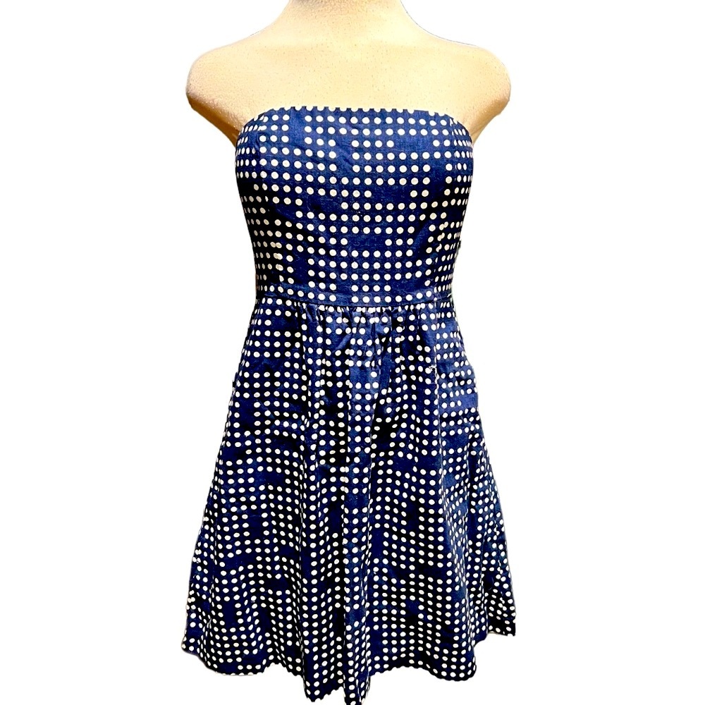 Gap Linen Blend Navy Dot Print Strapless Dress Size 4 NWT